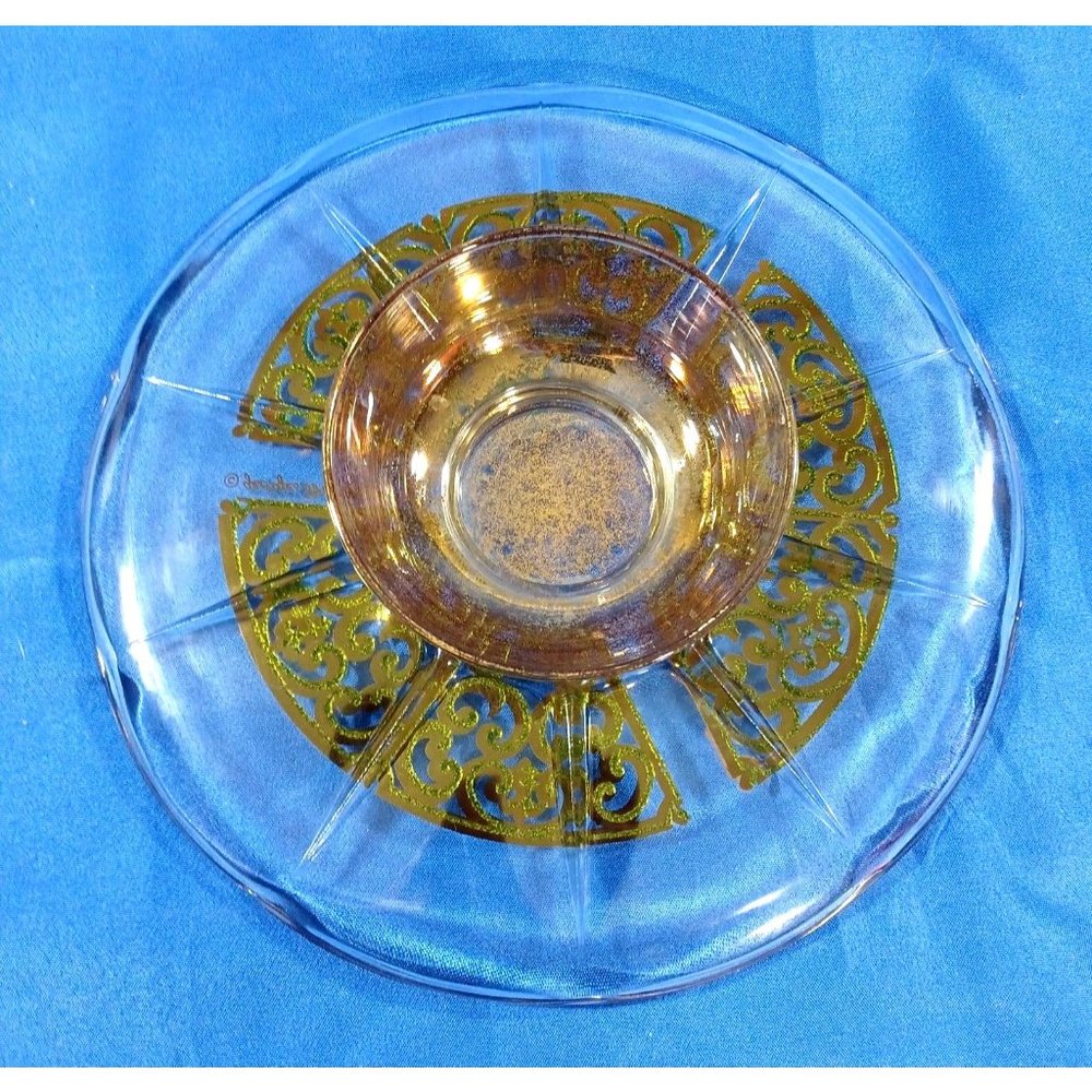 Georges Briard Signed Gold Scroll Encrusted Glass Pedestal Cake Plate Stand - Picture 7 of 7